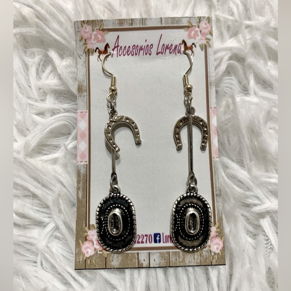 Double layer, cowboy hat and horseshoe silver cowgirl earrings, long